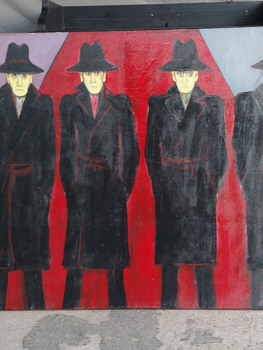 UNFRAMED OIL PAINTING OF 4 MEN IN BLACK