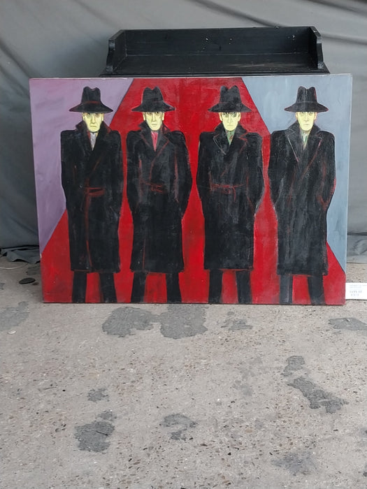 UNFRAMED OIL PAINTING OF 4 MEN IN BLACK