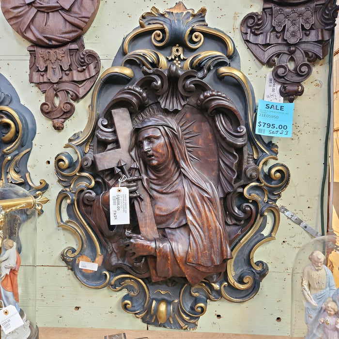 PAIR OF HAND CARVED OAK CATHOLIC PLAQUES