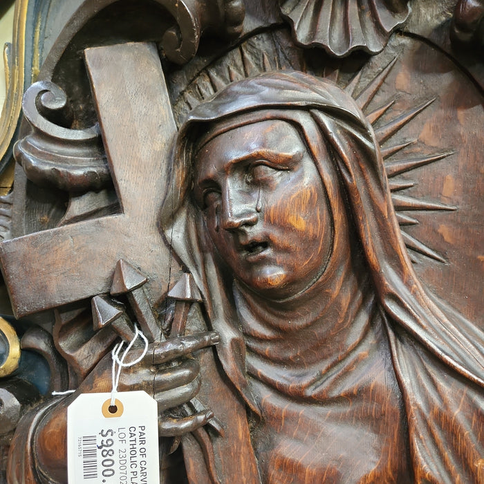 PAIR OF HAND CARVED OAK CATHOLIC PLAQUES