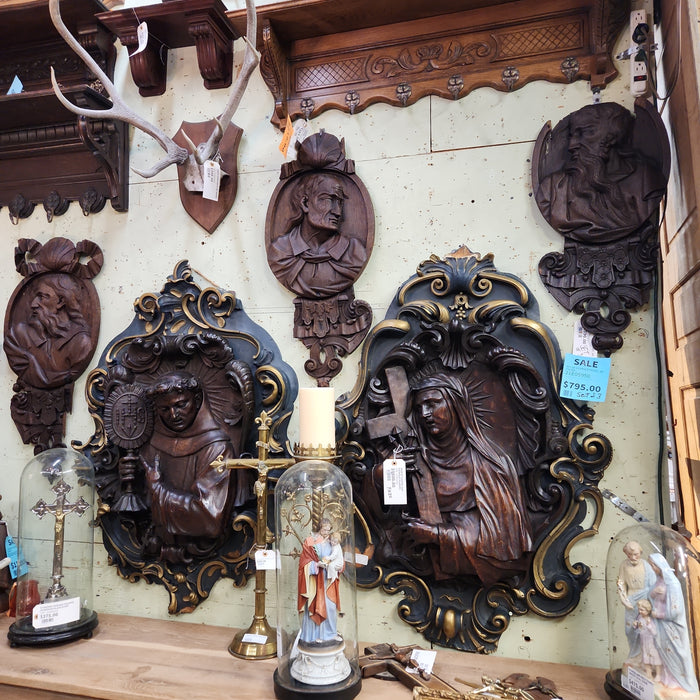 PAIR OF HAND CARVED OAK CATHOLIC PLAQUES