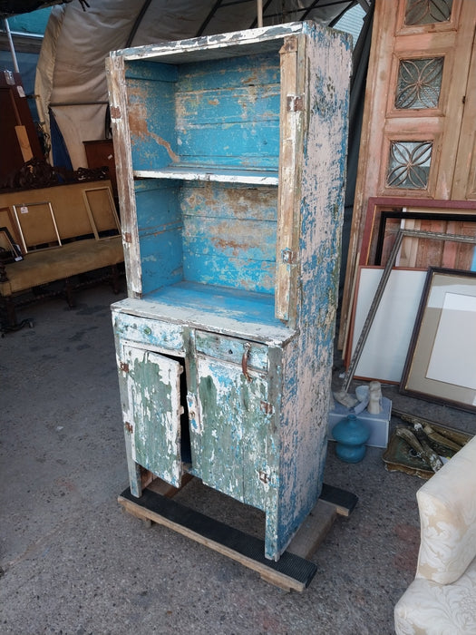 SMALL PRIMITIVE BLUE HUTCH- AS FOUND