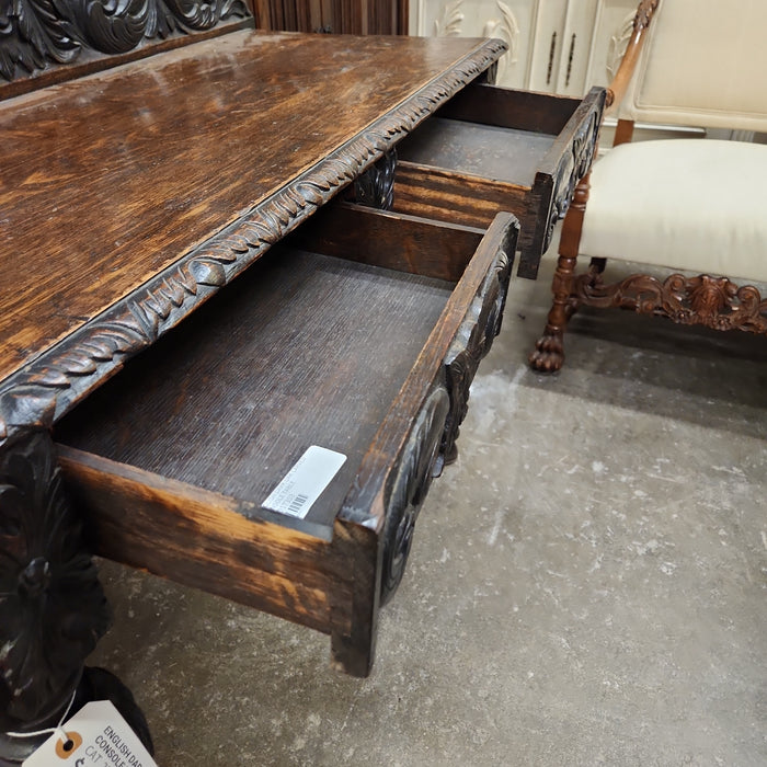 ENGLISH DARK OAK CARVED CONSOLE TABLE