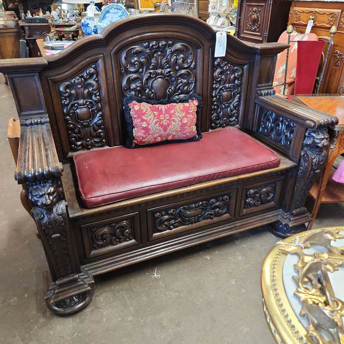 RESTORED HALL BENCH WITH CARVED ARCHED BACK