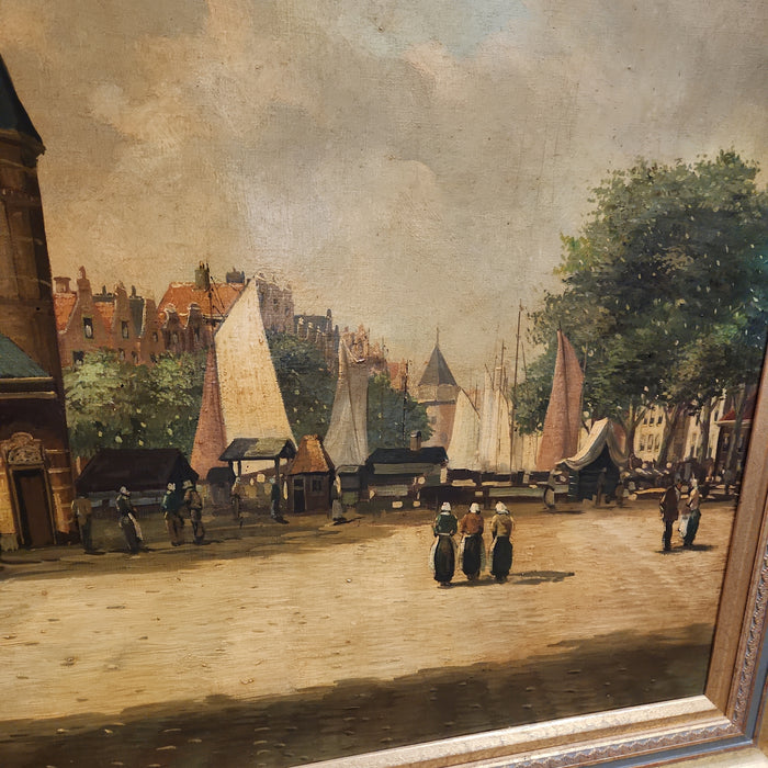 DUTCH VILLAGE SQUARE OIL PAINTING WITH TURRETED MANSION