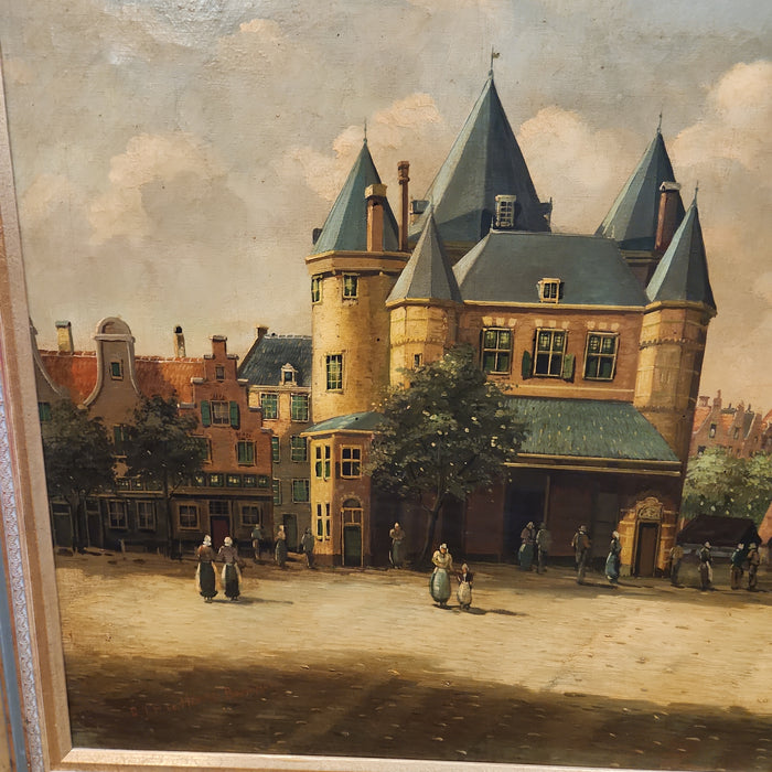 DUTCH VILLAGE SQUARE OIL PAINTING WITH TURRETED MANSION