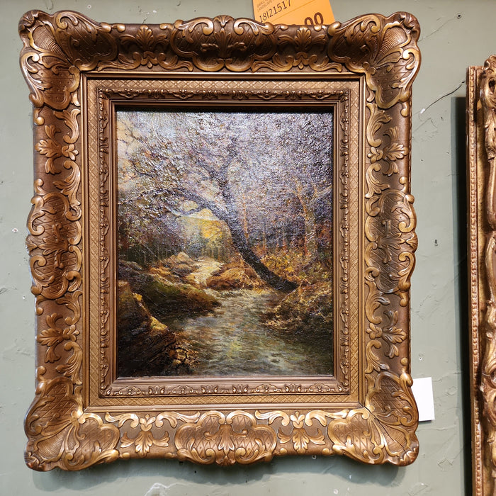 SYLVAN BROOK VERTICAL PAINTING ON CANVAS IN ORNATE GILT FRAME