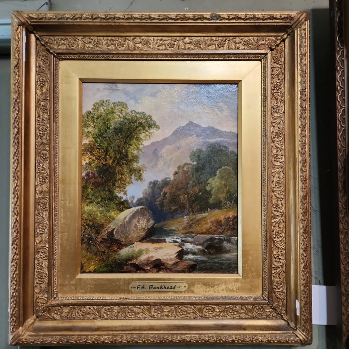 OIL PAINTING OF MOUNTAIN & STREAM WITH BOULDERS BY F.S. BANKHEAD