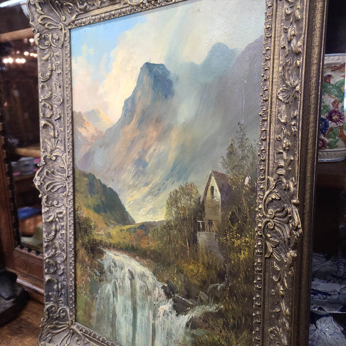 VERTICAL OIL PAINTING ON CANVAS WITH MOUNTAINS & WATERFALL BY MONTGOMERY ANSEL (AS FOUND)