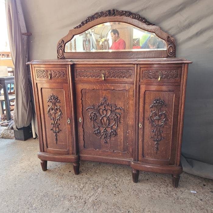 OAK MIRRORED BACK CARVED FRENCH DECO SIDEBOARD
