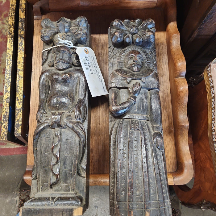 PAIR OF CARVED LATE 17TH CENTURY MAN AND WOMAN FIGURES