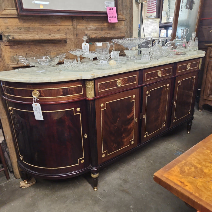 FIGURED MAHOGANY HUGE SIDEBOARD WITH WHITE MARBLE TOP