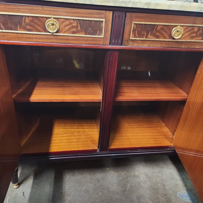FIGURED MAHOGANY HUGE SIDEBOARD WITH WHITE MARBLE TOP