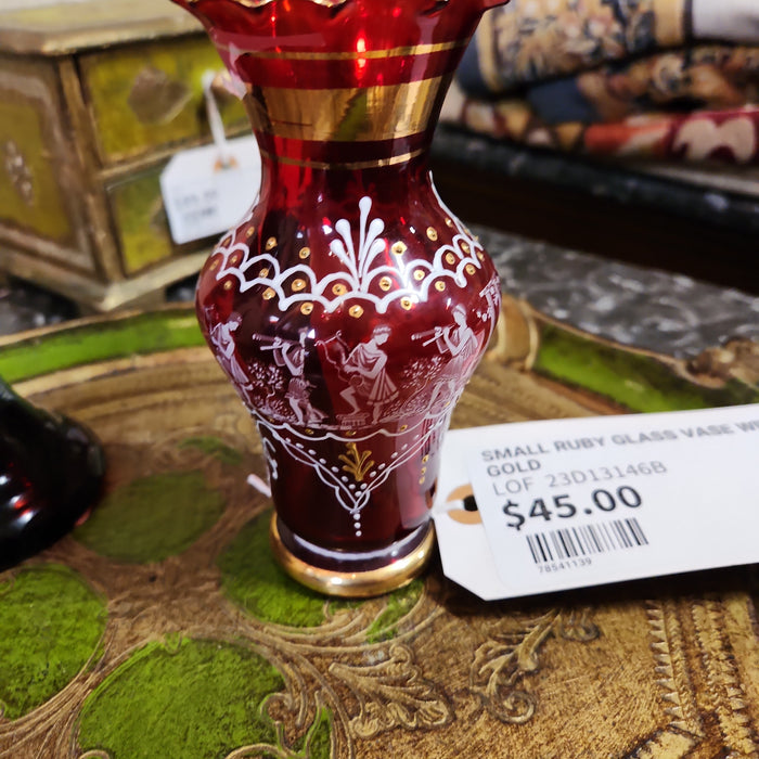 SMALL RUBY GLASS VASE WITH GOLD