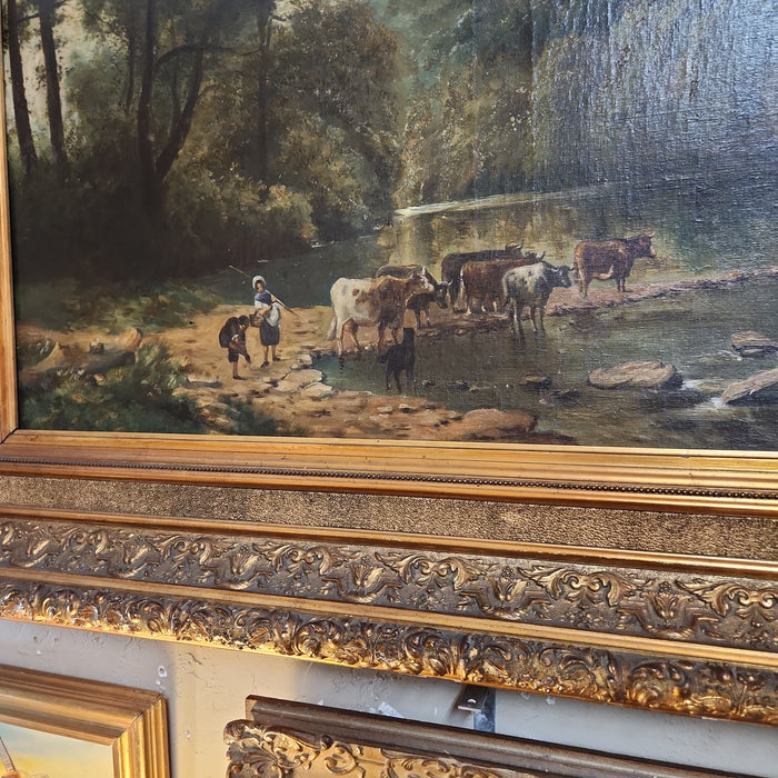 LARGE ORNATE GILT FRAMED RIVER LANDSCAPE WITH CATTLE