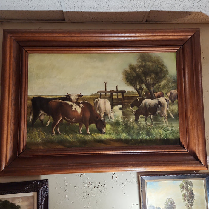 HUGE OAK FRAMED COW PAINTING