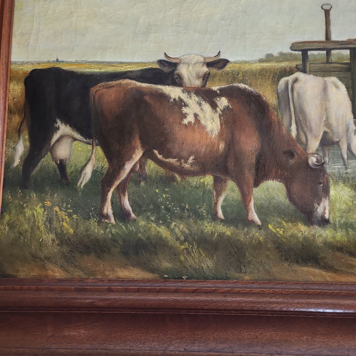 HUGE OAK FRAMED COW PAINTING