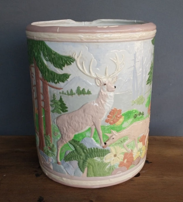 AS IS UNSIGNED LARGE DEER IN FOREST SCENE PLANTER AS FOUND