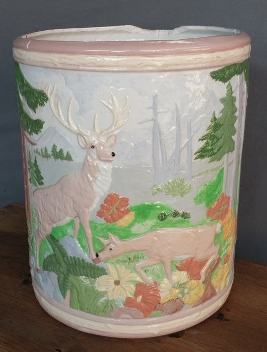 AS IS UNSIGNED LARGE DEER IN FOREST SCENE PLANTER AS FOUND