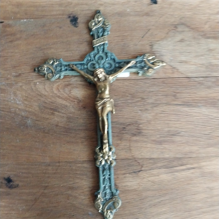 GREEN IRON AND BRASS CRUCIFIX