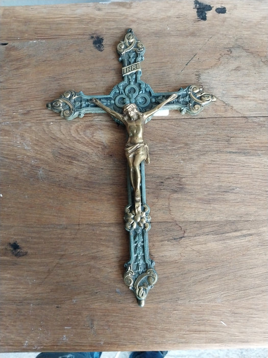 GREEN IRON AND BRASS CRUCIFIX