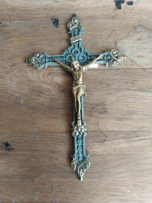 GREEN IRON AND BRASS CRUCIFIX