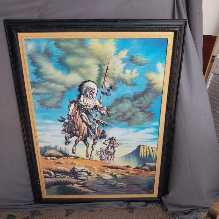 LARGE NATIVE AMERICAN INDIAN OIL PAINTING