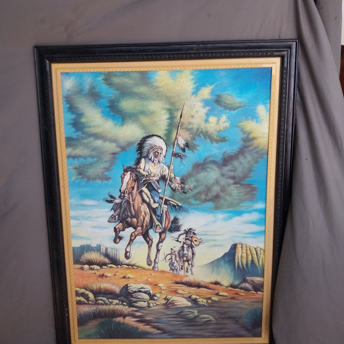 LARGE NATIVE AMERICAN INDIAN OIL PAINTING