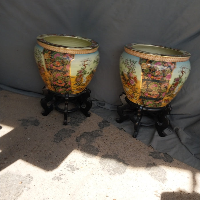 PAIR CHINESE FISH BOWL PLANTERS ON STANDS