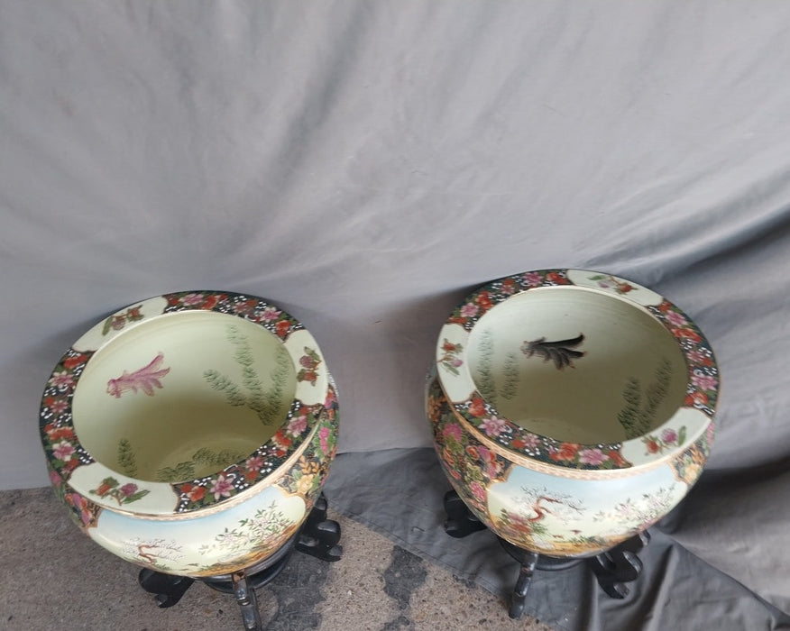 PAIR CHINESE FISH BOWL PLANTERS ON STANDS