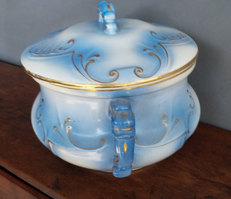 BLUE AND WHITE WITH GOLD CHAMBER POT WITH LID