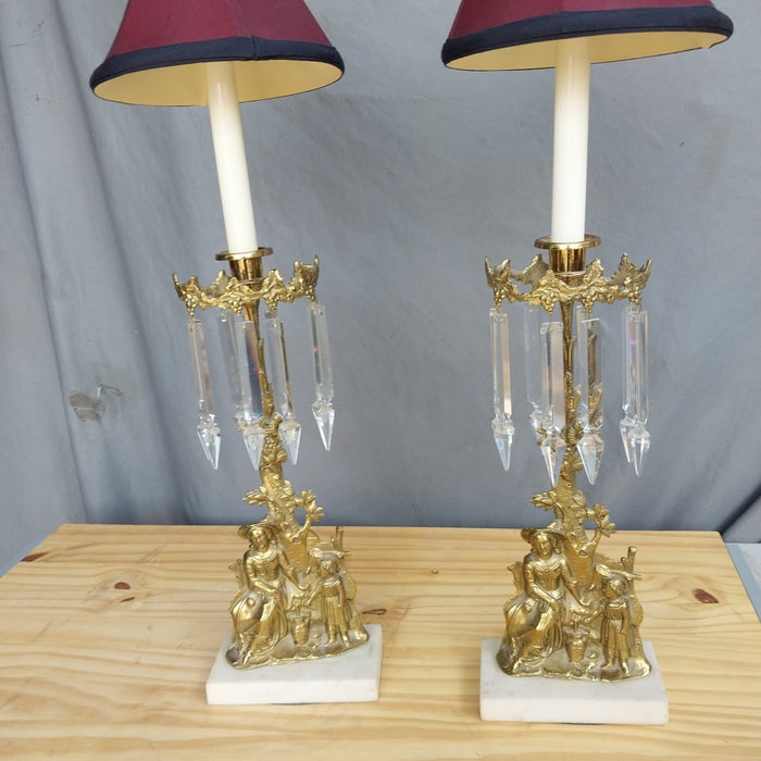 PAIR OF BRASS AND MARBLE FIGURAL BUFFET LAMPS WITH PRISMS AND SHADES