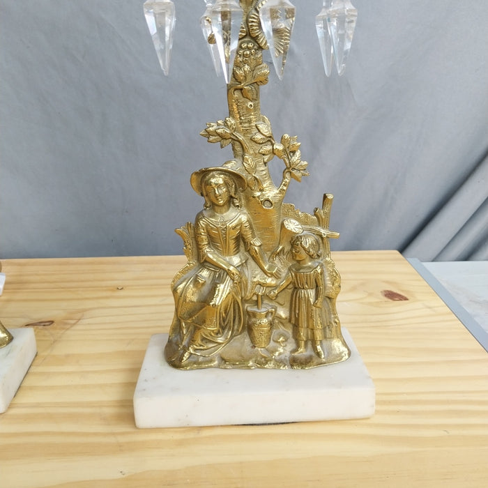 PAIR OF BRASS AND MARBLE FIGURAL BUFFET LAMPS WITH PRISMS AND SHADES