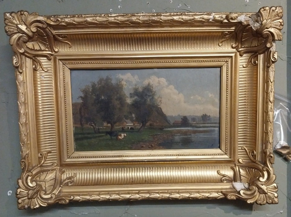 SMALL BUCCOLIC OIL PAINTING WITH COWS  IN ORNATE AS FOUND FRAME