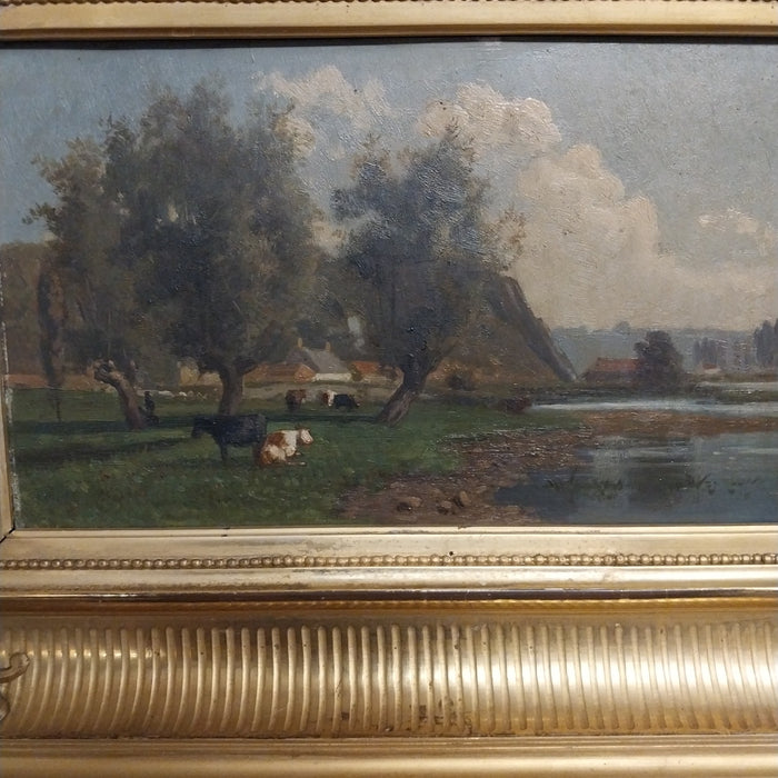 SMALL BUCCOLIC OIL PAINTING WITH COWS  IN ORNATE AS FOUND FRAME
