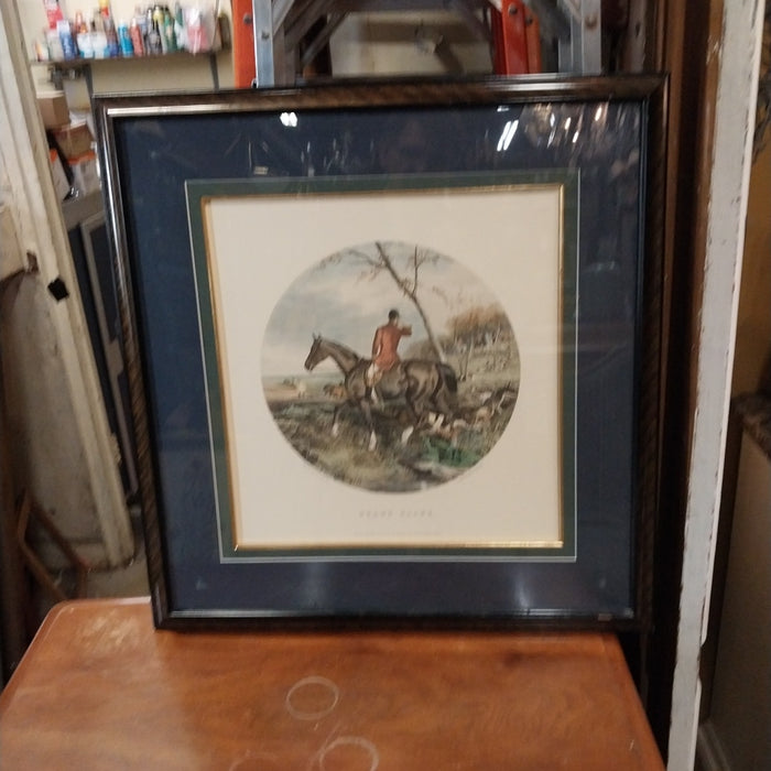 FRAMED COLOR ENGRAVING OF A FOX HUNT RIDER