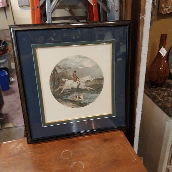 FRAMED COLOR ENGRAVING OF A FOX HUNTER ON HORSE