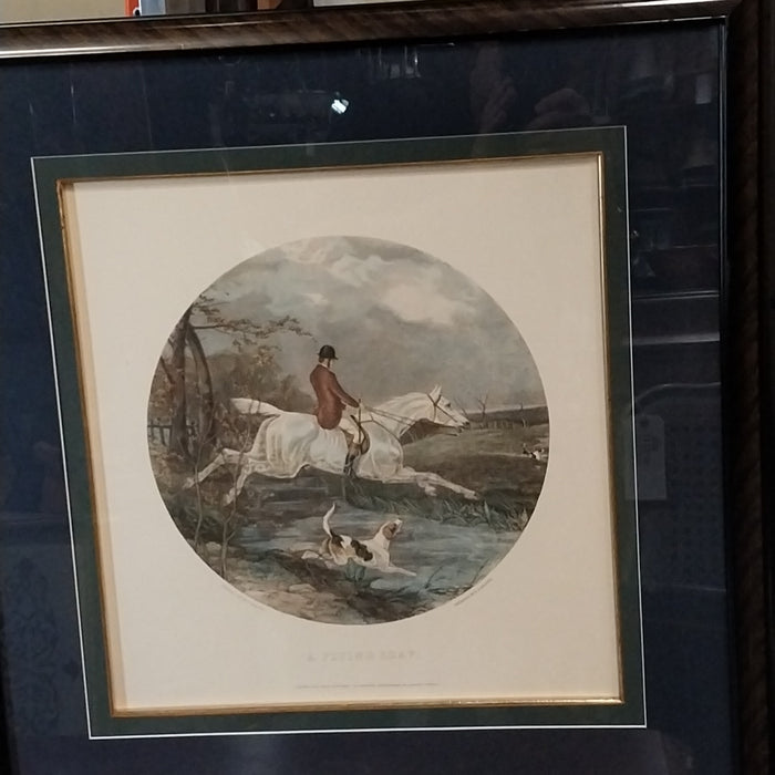 FRAMED COLOR ENGRAVING OF A FOX HUNTER ON HORSE