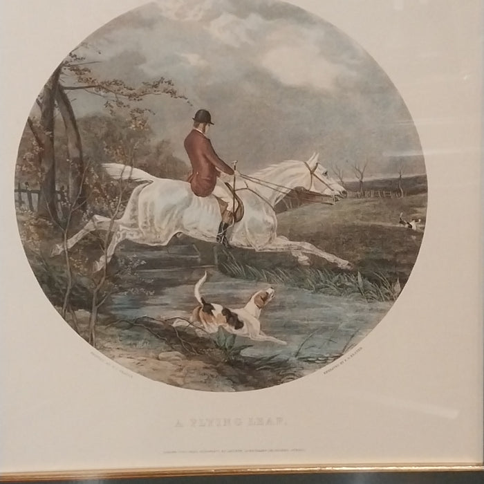 FRAMED COLOR ENGRAVING OF A FOX HUNTER ON HORSE