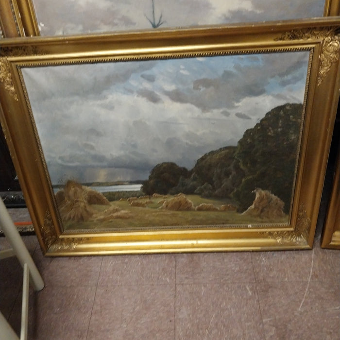 LARGE PASTORAL OIL PAINTING WITH HAY STACKS