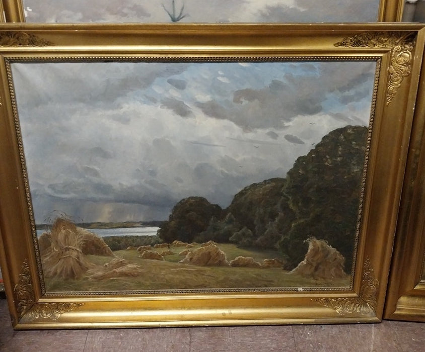 LARGE PASTORAL OIL PAINTING WITH HAY STACKS