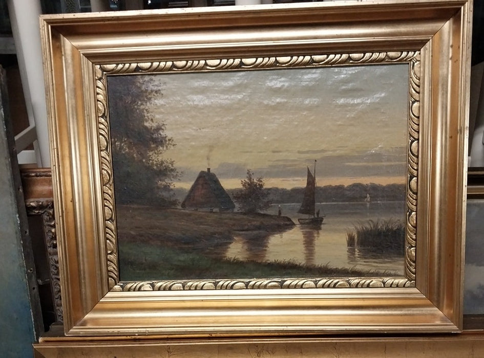 THATCH ROOF HOUSE BY A LAKE OIL PAINTING