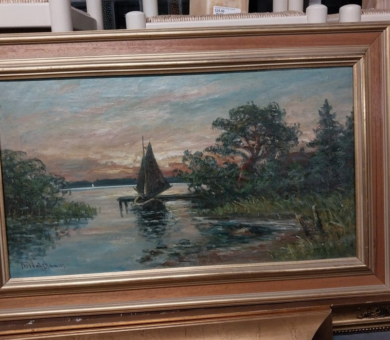 SAILBOAT AT DOCK OIL PAINTING BY WATCHHAUM