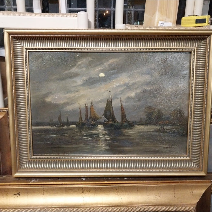 MOONLIT BAY WITH SAILBOATS OIL PAINTING