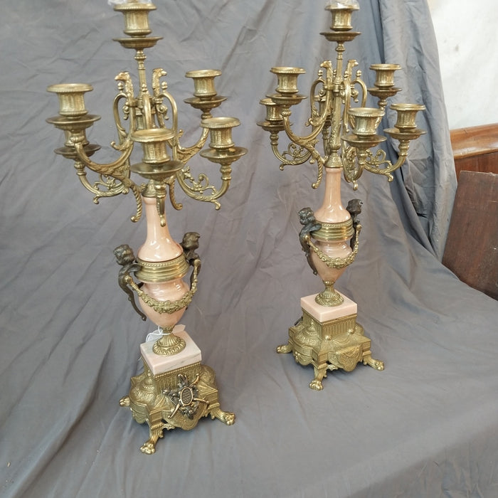 PAIR OF LOUIS XVI STYLE BRONZE AND MARBLE CANDLABRA