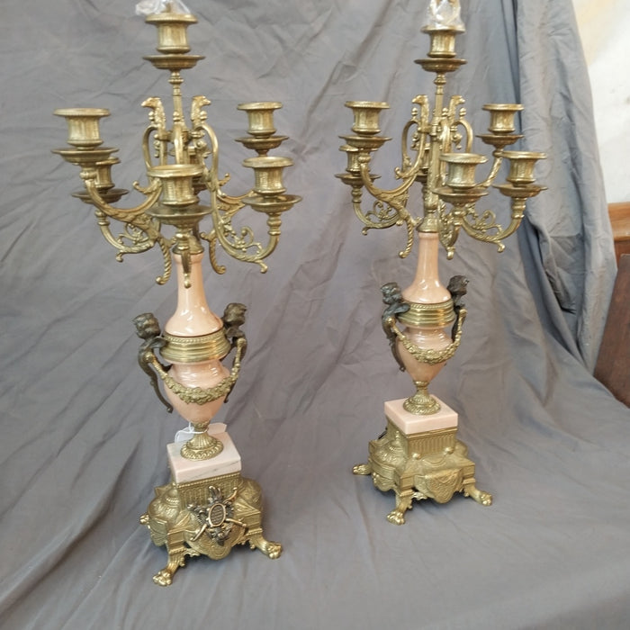 PAIR OF LOUIS XVI STYLE BRONZE AND MARBLE CANDLABRA