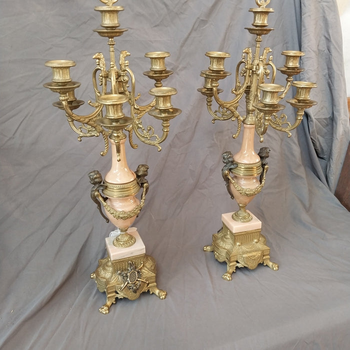 PAIR OF LOUIS XVI STYLE BRONZE AND MARBLE CANDLABRA