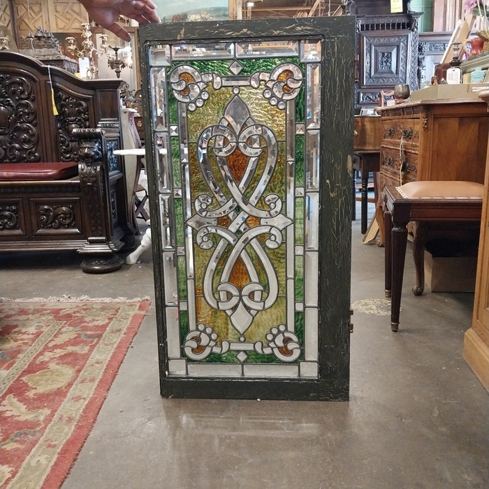 PAIR OF ORNATE STAINED GLASS TRANSOMS OR DOORS WITH BEVELED GLASS