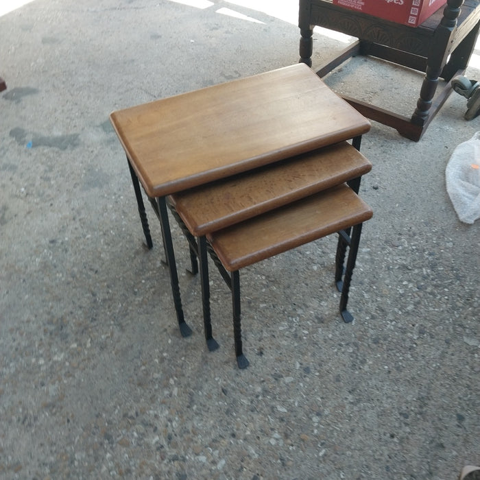 SET OF 3 IRON AND OAK NESTING TABLES