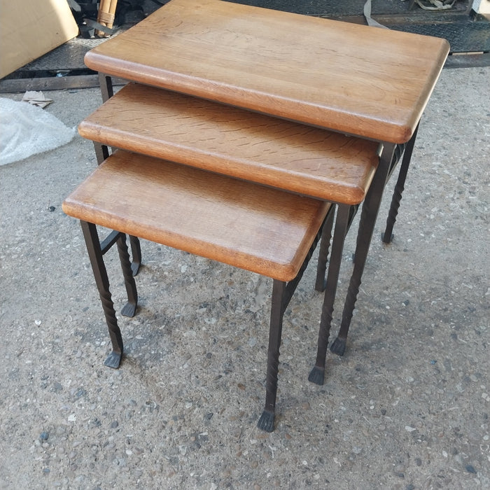 SET OF 3 IRON AND OAK NESTING TABLES